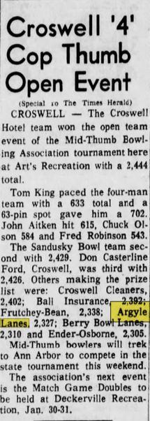 Argyle Lanes (Argyle Recreation) - Jan 1965 Article (newer photo)